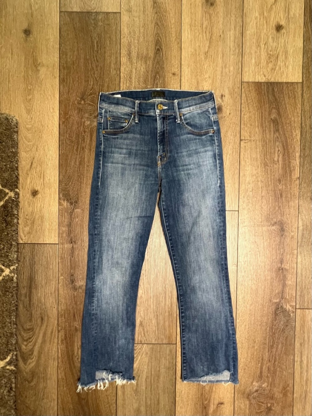 MOTHER Distressed Mid Wash Blue Cropped Jeans